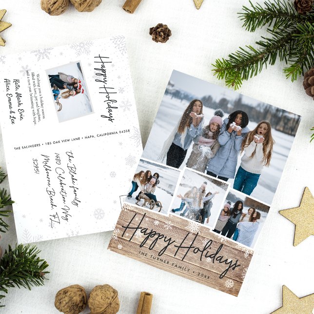 Rustic Wood Snowflake Photo Collage Holiday Postcard (Creator Uploaded)