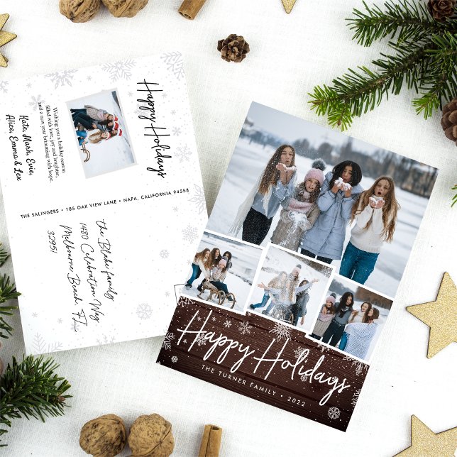 Rustic Wood Snowflake Photo Collage Holiday Postcard (Creator Uploaded)