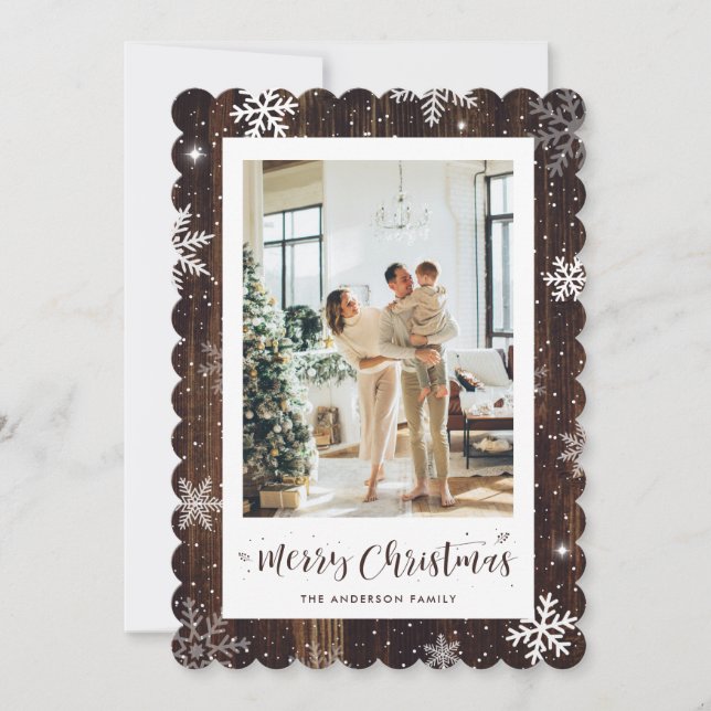 Rustic Wood Snowflake Photo Merry Christmas Card (Front)