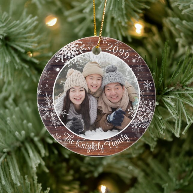 Rustic Wood Snowflake Photo Personalised Ceramic Tree Decoration (Tree)