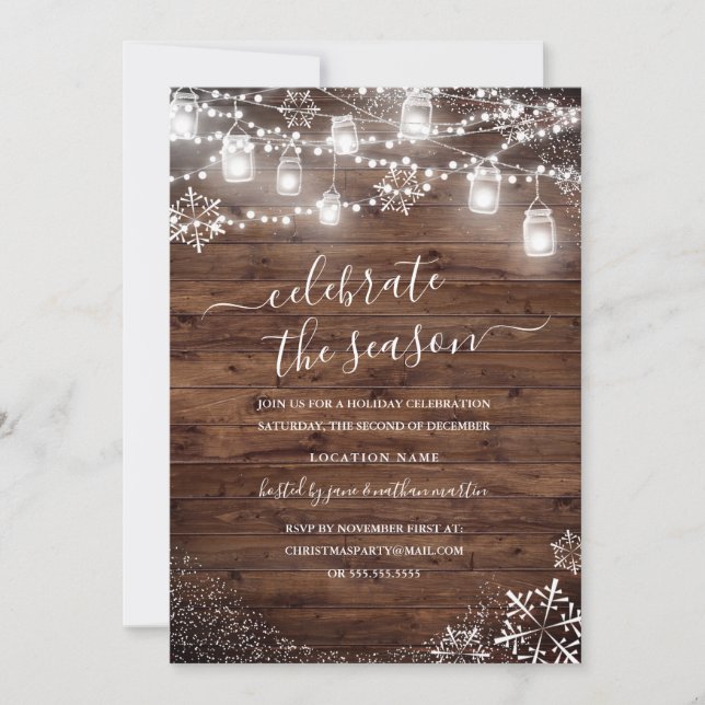 Rustic Wood Snowflake String Lights Red Christmas Invitation (Front)