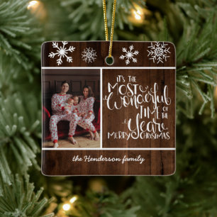 Rustic Wood Snowflake Wonderful Time Ceramic Ornament