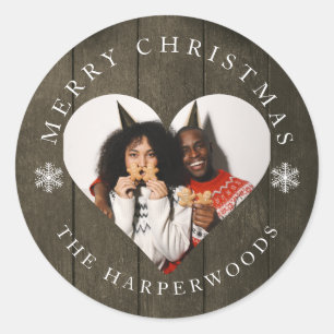 Rustic Wood Snowflakes Christmas 1 Photo Classic Round Sticker