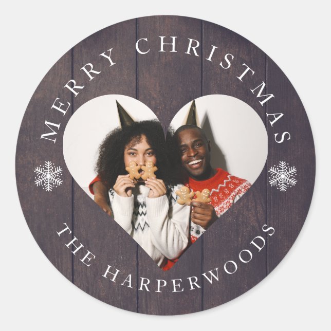 Rustic Wood Snowflakes Christmas 1 Photo  Classic Round Sticker (Front)