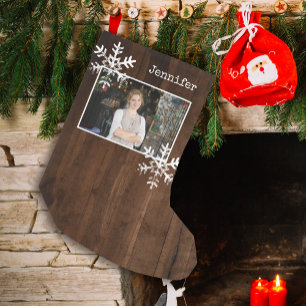 Rustic Wood Snowflakes Custom Photo Christmas Small Christmas Stocking