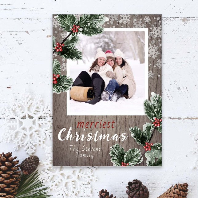Rustic wood snowflakes greenery holiday photo card (Creator Uploaded)
