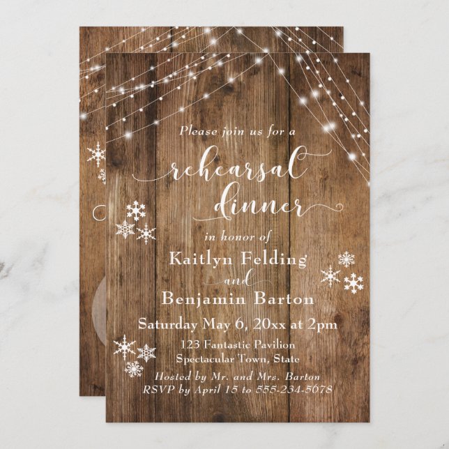 Rustic Wood, Snowflakes & Lights Rehearsal Dinner Invitation (Front/Back)