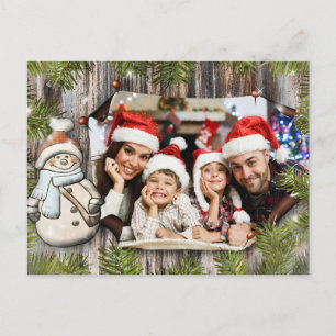 Rustic Wood Snowman Frame Christmas Photo Postcard