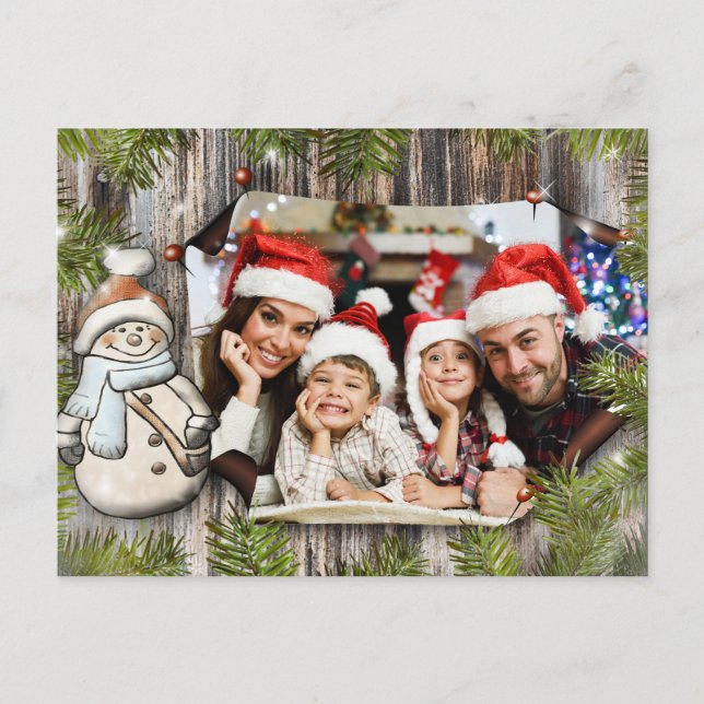 Rustic Wood Snowman Frame Christmas Photo Postcard (Front)