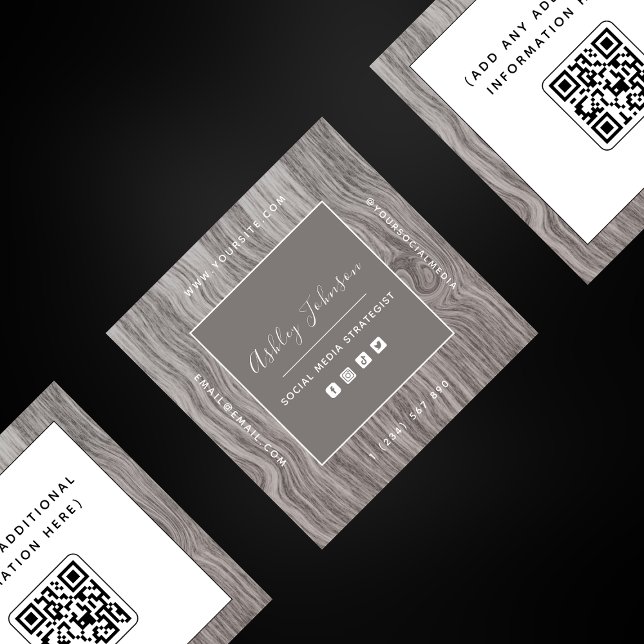 Rustic Wood Social Media Manager Qr Code Elegant Square Business Card (Creator Uploaded)
