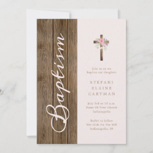 Rustic Wood & Soft Pink Baptism Invitation