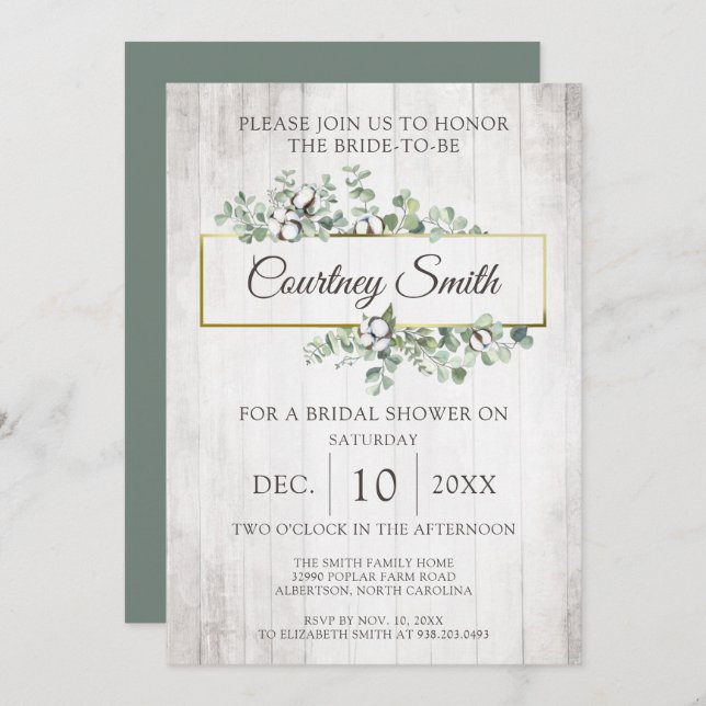 Rustic Wood Southern Cotton Boll Bridal Shower Invitation (Front/Back)