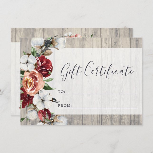 Rustic Wood Southern Cotton Gift Certificate Card (Front/Back)