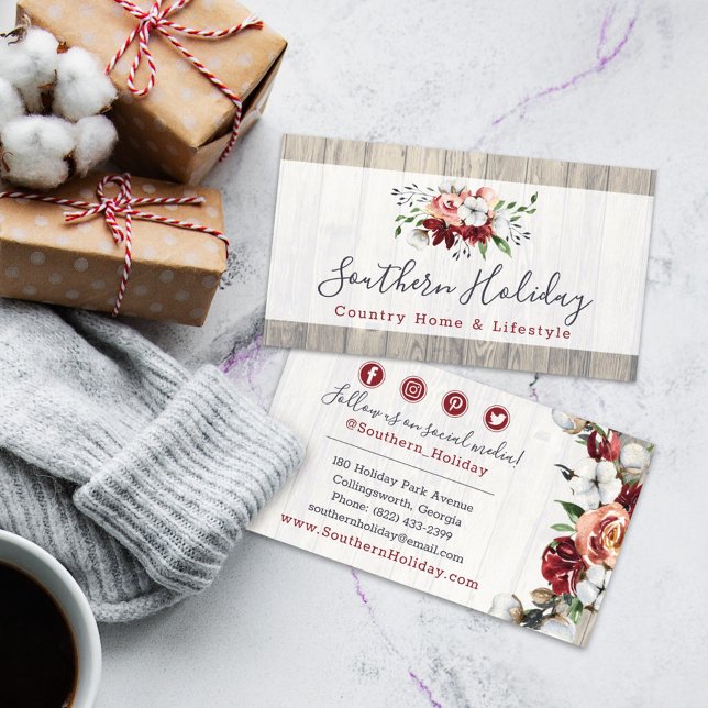 Rustic Wood & Southern Country Cotton Social Media Business Card (Creator Uploaded)