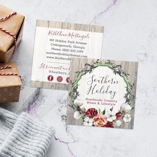 Rustic Wood & Southern Country Cotton Social Media Square Business Card (Creator Uploaded)