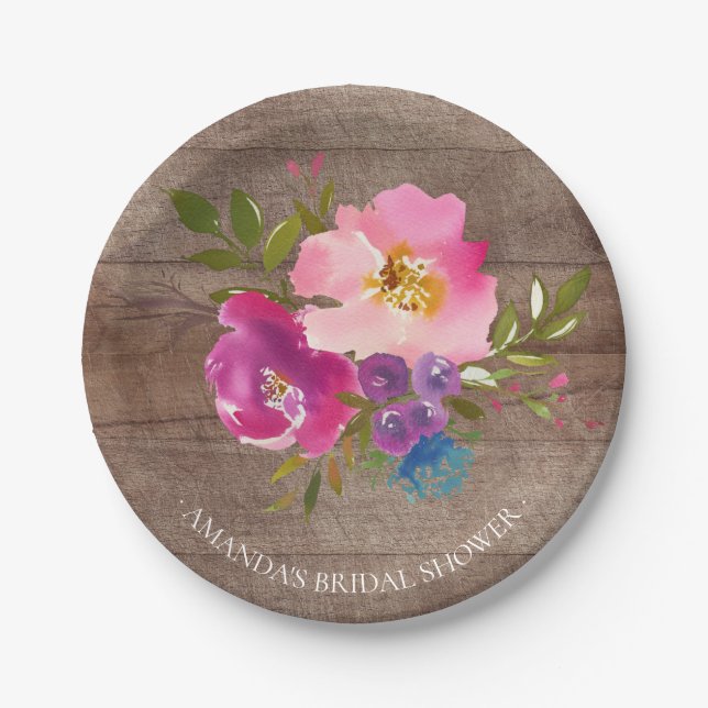 Rustic Wood Spring Flowers Shower 7" Plate (Front)