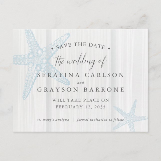 Rustic Wood Starfish Beach Wedding Save the Date Announcement Postcard (Front)