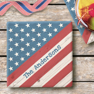 Rustic Wood Stars Stripes USA Flag Name Patriotic Stone Coaster