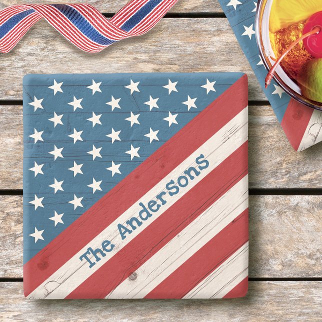 Rustic Wood Stars Stripes USA Flag Name Patriotic Stone Coaster (Creator Uploaded)
