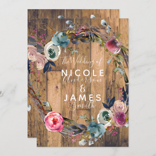 Rustic Wood Stick Floral Wreath Botanical Wedding Invitation (Front/Back)