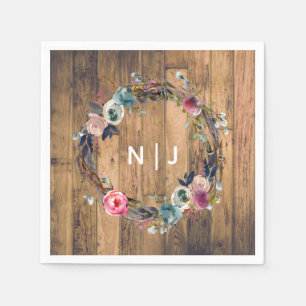 Rustic Wood Stick Floral Wreath Botanical Wedding Napkin