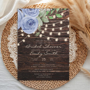 Rustic Wood String Light Blue Floral Bridal Shower Invitation