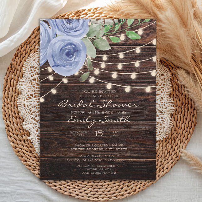 Rustic Wood String Light Blue Floral Bridal Shower Invitation (Dusty blue watercolor floral and string lights on rustic wood bridal shower invitation)