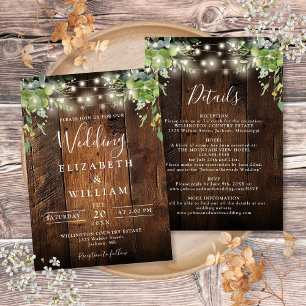 Rustic Wood String Light Greenery Details Wedding Invitation