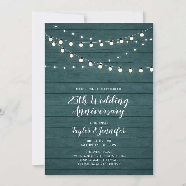 Rustic Wood & String Lights 25 Wedding Anniversary Invitation (Front)