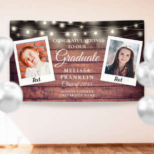 Rustic Wood String Lights 2 Photo Graduation Banner