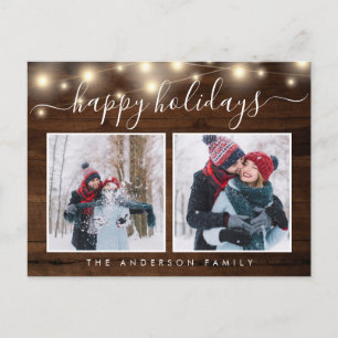 Rustic Wood String Lights 2 Photo Holiday Postcard
