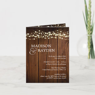 Rustic Wood String lights 3 Photos QR Code Wedding Invitation