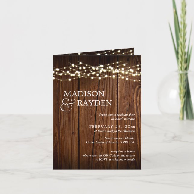 Rustic Wood String lights 3 Photos QR Code Wedding Invitation (Front)