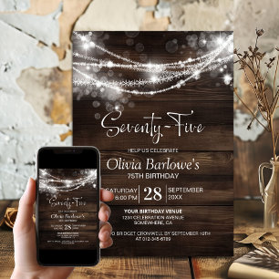 Rustic Wood String Lights 75th Birthday Party Invitation