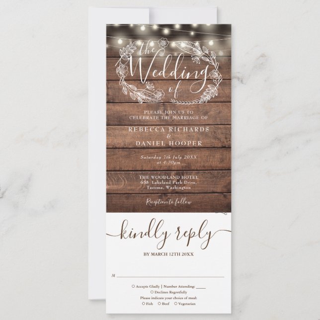 Rustic Wood String Lights All In One Wedding Invitation (Front)