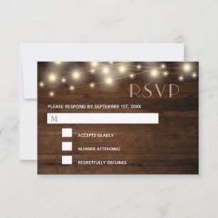 Rustic Wood String Lights and Lace RSVP Card