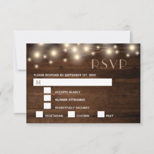 Rustic Wood String Lights and Lace RSVP Meal Card