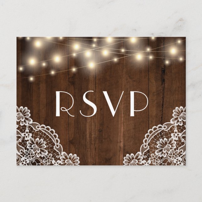 Rustic Wood String Lights and Lace | RSVP Postcard (Front)