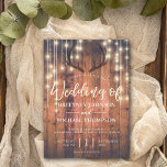 Rustic Wood String Lights Antler Wedding Invitation<br><div class="desc">This rustic boho-inspired wedding invitation template features string lights and antlers with a rustic brown wood background.</div>