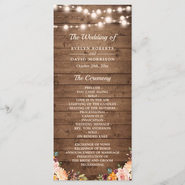 Rustic Wood String Lights Autumn Floral Wedding Programme (Front)