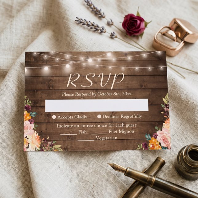 Rustic Wood String Lights Autumn Floral Wedding RSVP Card (Creator Uploaded)