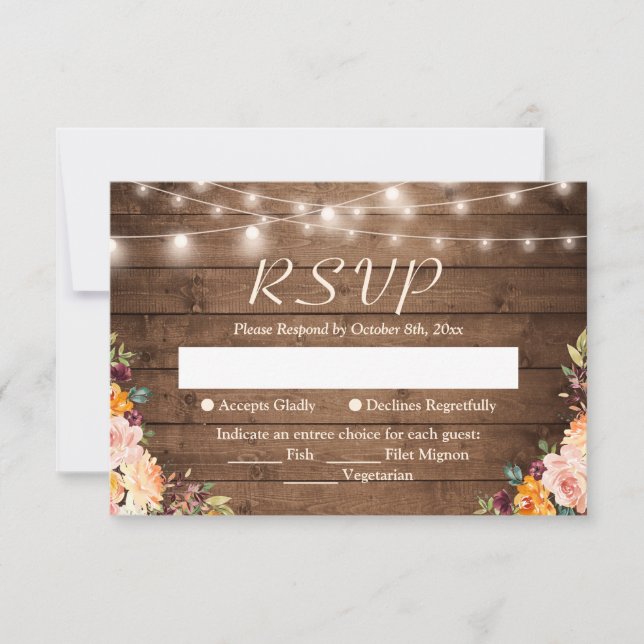 Rustic Wood String Lights Autumn Floral Wedding RSVP Card (Front)