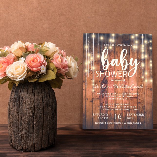 Rustic Wood String Lights Baby Shower Invitation (Creator Uploaded)