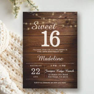 Rustic Wood String Lights Barn Backyard Sweet 16 Invitation