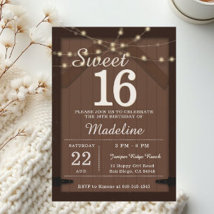 Rustic Wood String Lights Barn Door Chic Sweet 16 Invitation