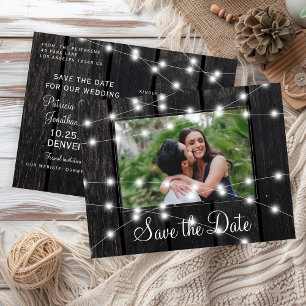 Rustic wood string lights barn save date wedding announcement postcard