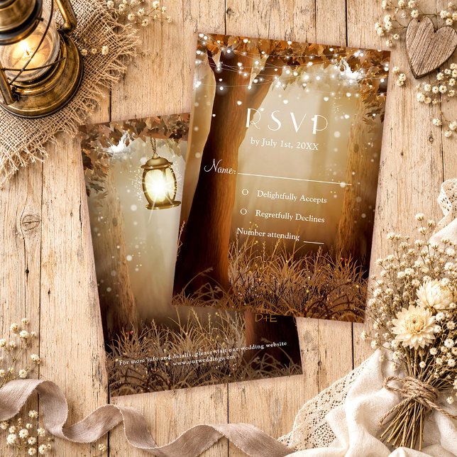 Rustic Wood String Lights Barn Wedding RSVP Card (Creator Uploaded)