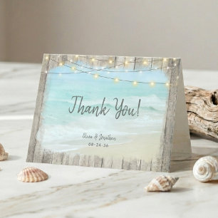 Rustic Wood String Lights Beach Wedding Thank You Card