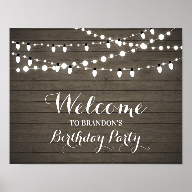 Rustic Wood & String Lights Birthday Welcome Sign (Front)