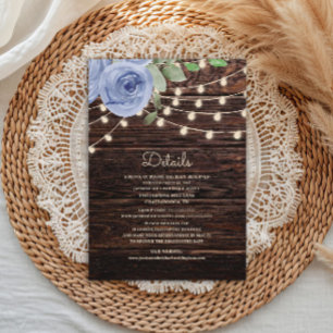 Rustic Wood String Lights Blue Floral Wedding Enclosure Card